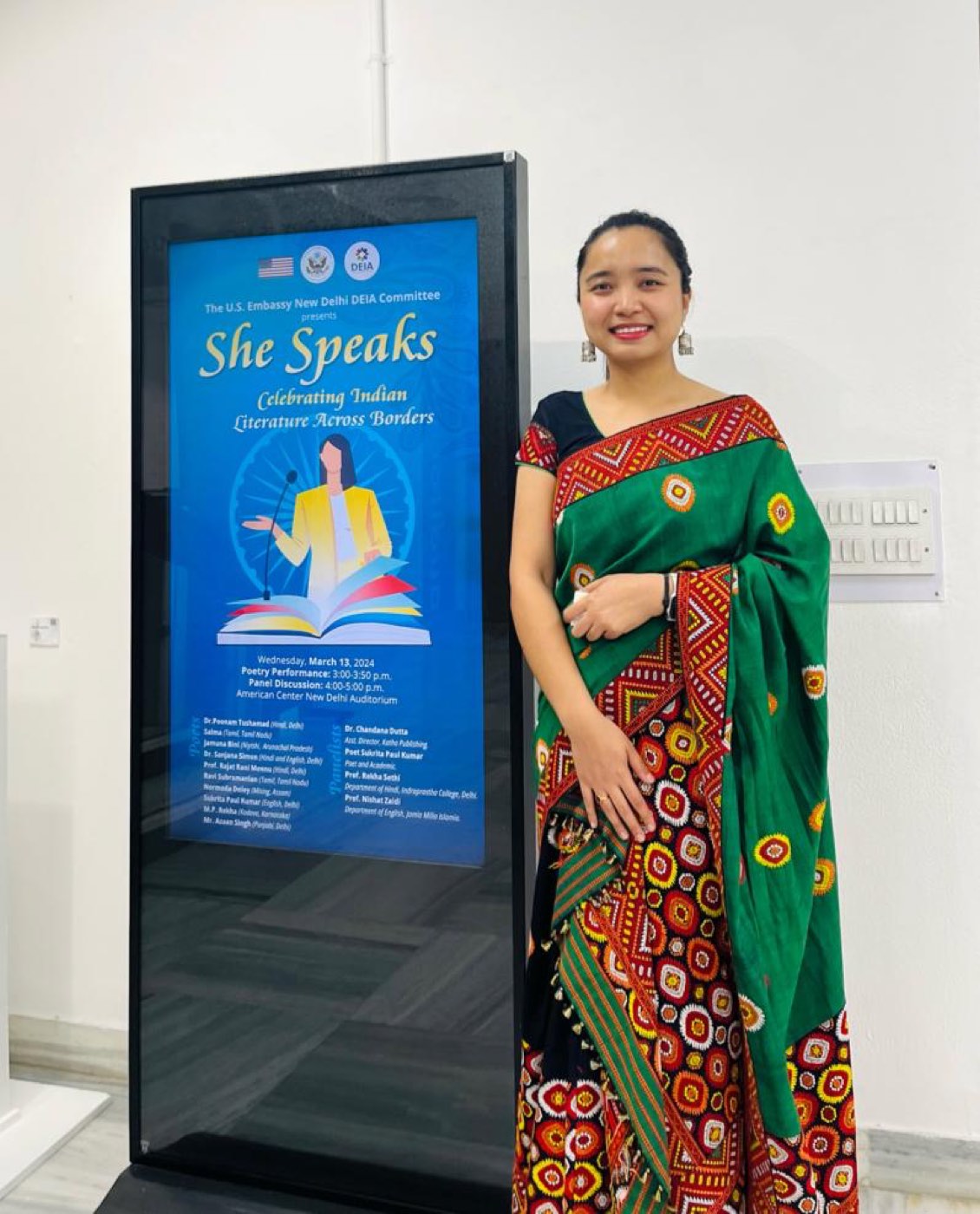 At the US Embassy, New Delhi, where she participated as a Mising poet